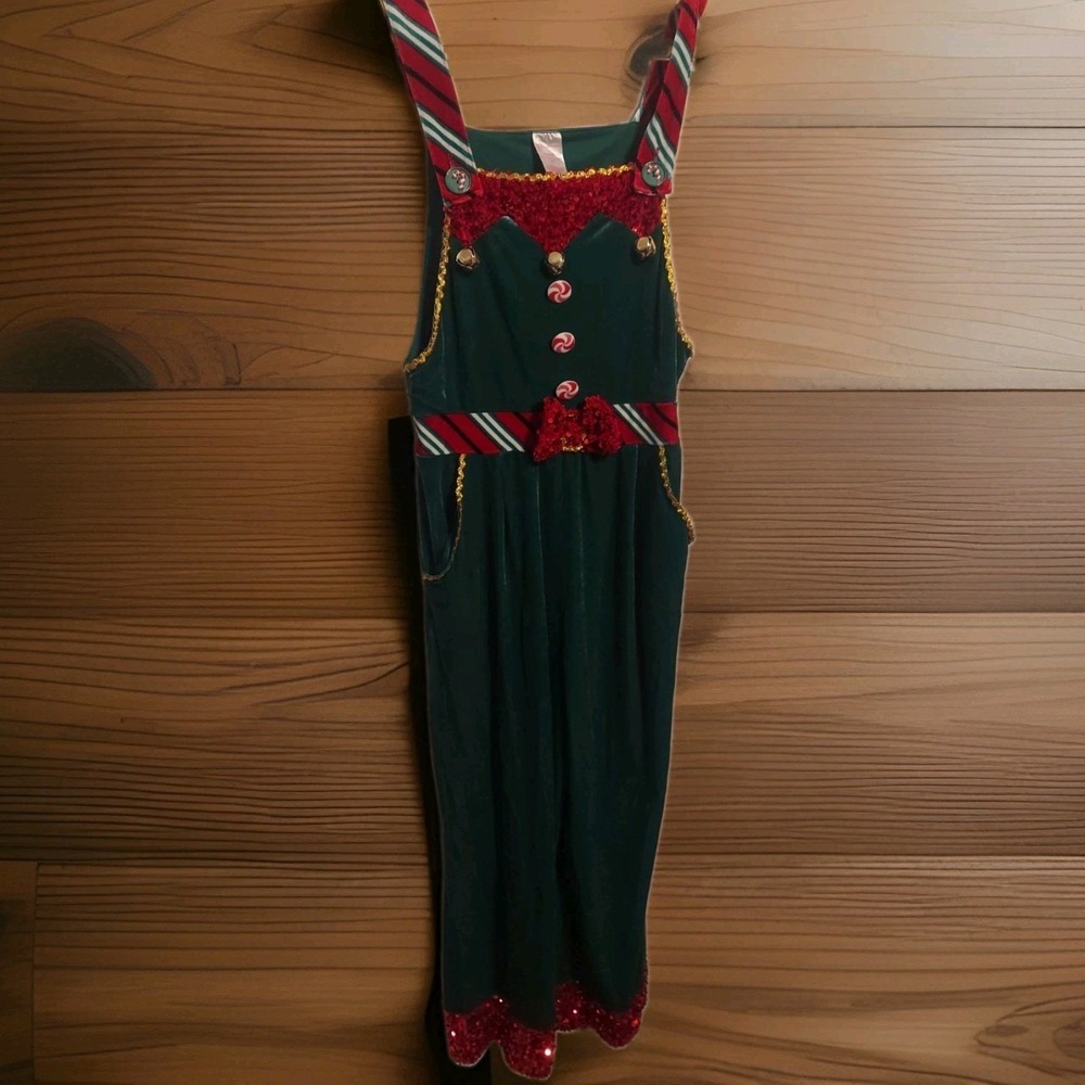 Green Velvet Jingle Elf Christmas Holiday Overalls Jumpsuit Womens Size 3-5 NWT